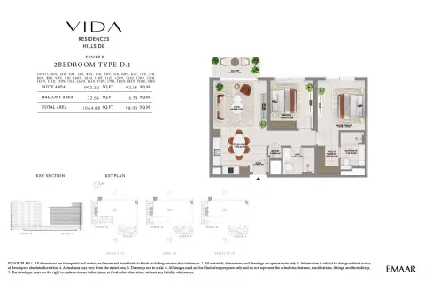 Plattegrond van 2 slaapkamers in Vida Residences Hillside