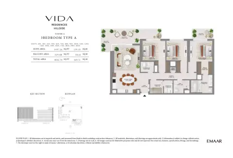 Plattegrond van 3 slaapkamers in Vida Residences Hillside