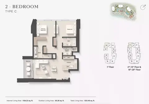 Plattegrond van 2 slaapkamers in Eltiera Views