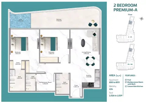 Plattegrond van 2 slaapkamers in Breez by Danube