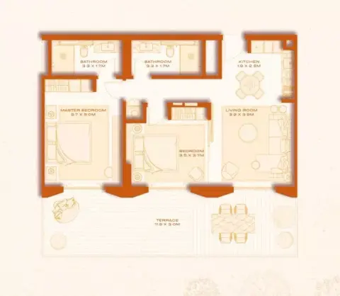 Plattegrond van 2 slaapkamers in Avenew 888