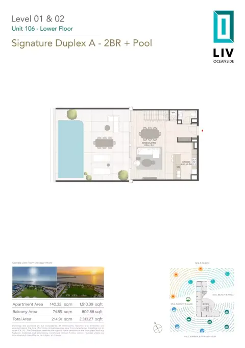 Plattegrond van 2 slaapkamers in LIV Oceanside