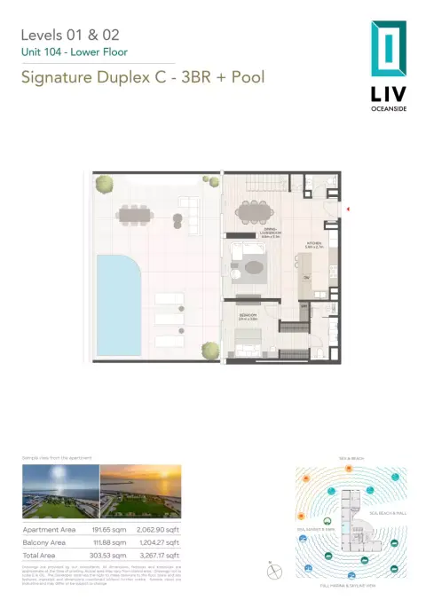 Plattegrond van 3 slaapkamers in LIV Oceanside