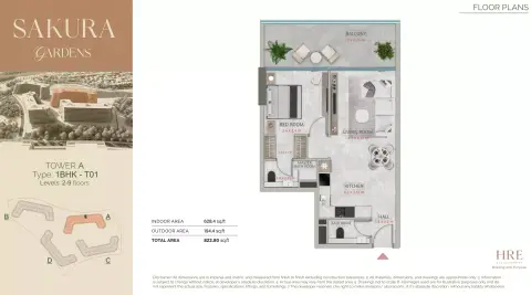 Plattegrond van 1 slaapkamer in Sakura Gardens