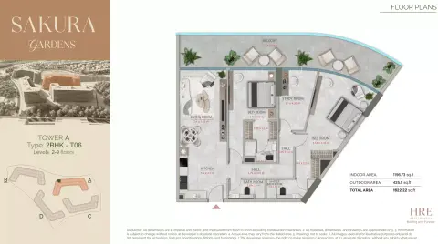 Plattegrond van 2 slaapkamers in Sakura Gardens