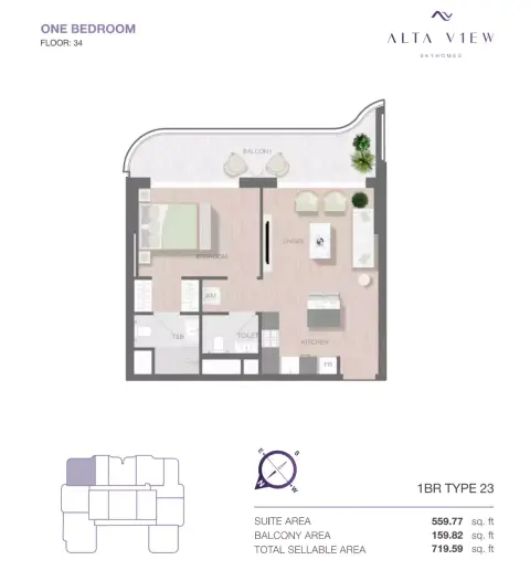 Plattegrond van 1 slaapkamer in Alta View Skyhomes