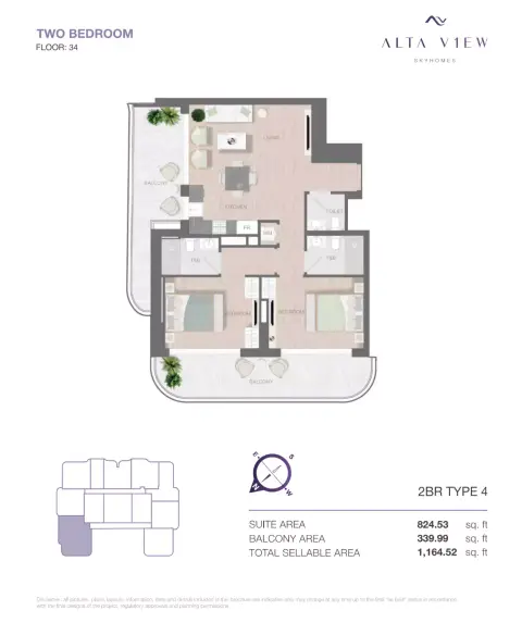 Plattegrond van 2 slaapkamers in Alta View Skyhomes
