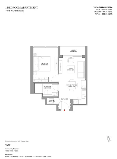 Plattegrond van 1 slaapkamer in Skyvue Spectra