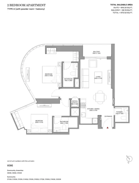 Plattegrond van 2 slaapkamers in Skyvue Spectra