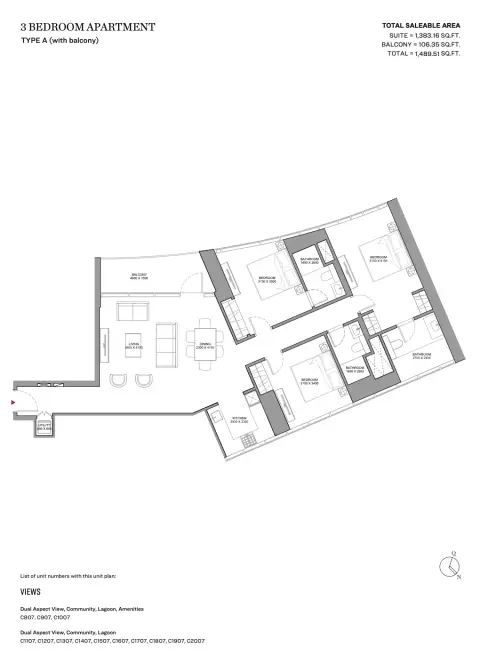 Plattegrond van 3 slaapkamers in Skyvue Spectra
