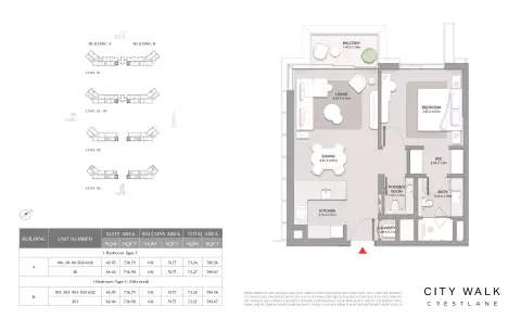 Plattegrond van 1 slaapkamer in City Walk Crestlane