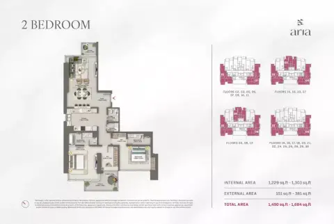 Plattegrond van 2 slaapkamers in Aria by Beyond