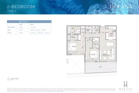Plattegrond van 2 slaapkamers in Isolana Residences