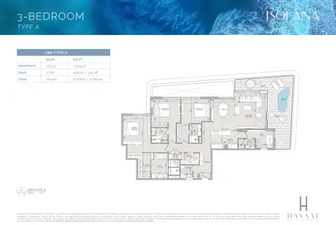 Plattegrond van 3 slaapkamers in Isolana Residences