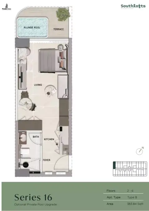 Plattegrond van 1 slaapkamer in South Lofts