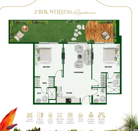 Plattegrond van 2 slaapkamers in Vincitore Wellness Estate