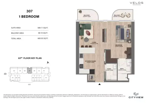 Plattegrond van 1 slaapkamer in Velos Residence