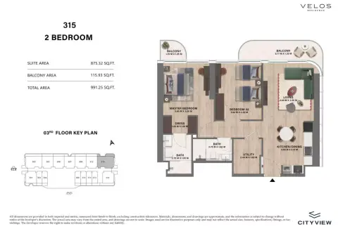 Plattegrond van 2 slaapkamers in Velos Residence
