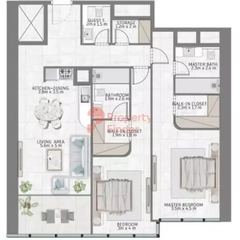 Plattegrond van 2 slaapkamers in Al Habtoor Tower