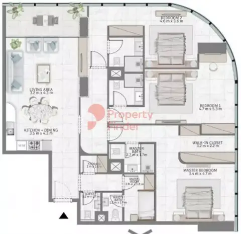 Plattegrond van 3 slaapkamers in Al Habtoor Tower