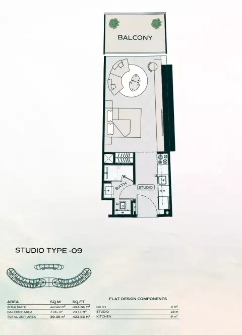 Plattegrond van Studio in Binghatti Aquarise