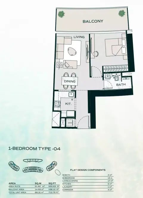 Plattegrond van 1 slaapkamer in Binghatti Aquarise