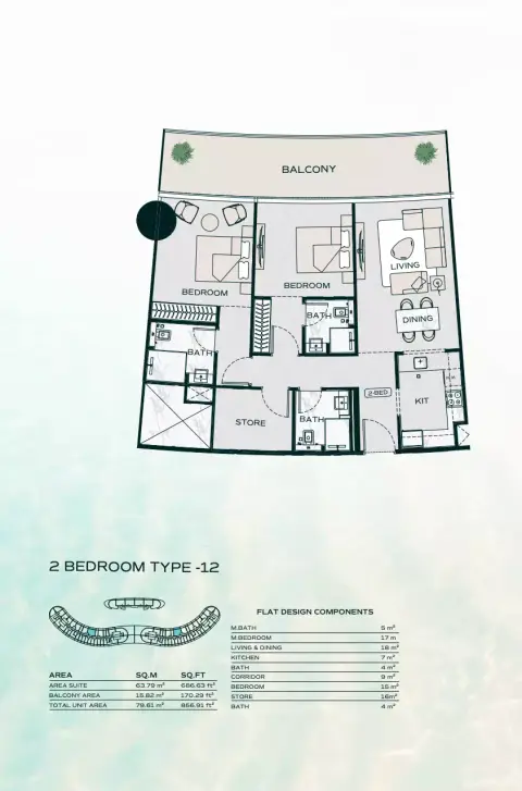 Plattegrond van 2 slaapkamers in Binghatti Aquarise