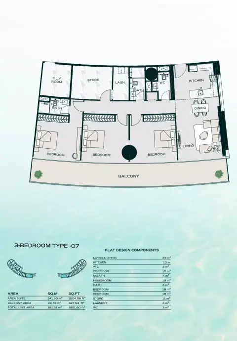 Plattegrond van 3 slaapkamers in Binghatti Aquarise