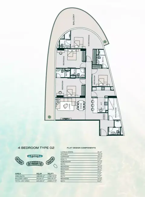 Plattegrond van 4 slaapkamers in Binghatti Aquarise