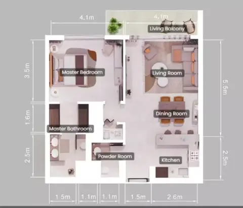 Plattegrond van 1 slaapkamer in Sage