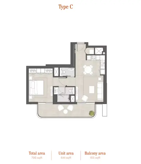 Plattegrond van 1 slaapkamer in Hyde Residences