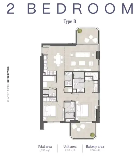 Plattegrond van 2 slaapkamers in Hyde Residences