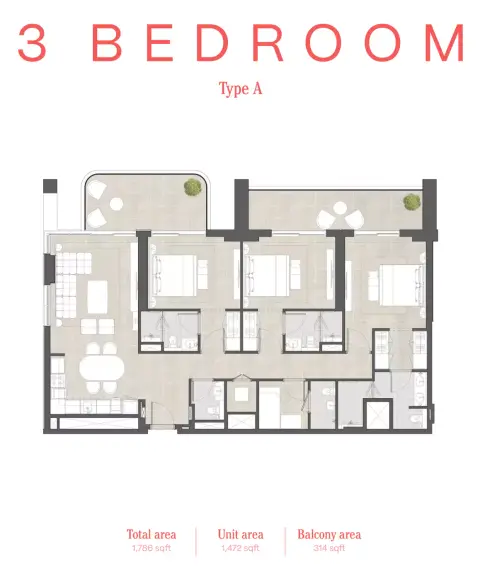 Plattegrond van 3 slaapkamers in Hyde Residences