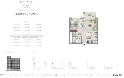 Plattegrond van 1 slaapkamer in Palace Residences Hillside A