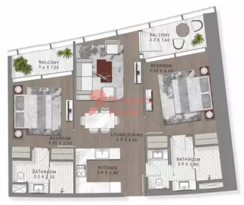 Plattegrond van 2 slaapkamers in Safa Two