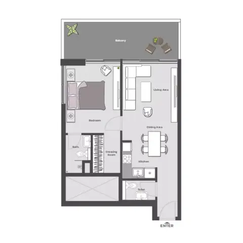 Plattegrond van 1 slaapkamer in Arib Collection