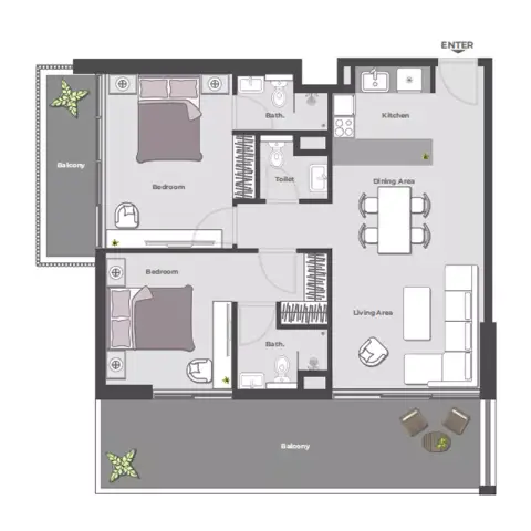 Plattegrond van 2 slaapkamers in Arib Collection