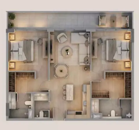 Plattegrond van 2 slaapkamers in Stories