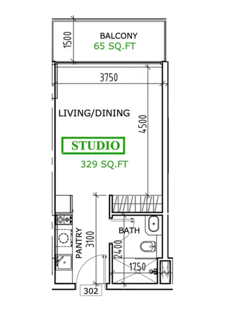 Plattegrond van Studio in Coventry Residence
