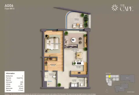 Plattegrond van 1 slaapkamer in The Cape
