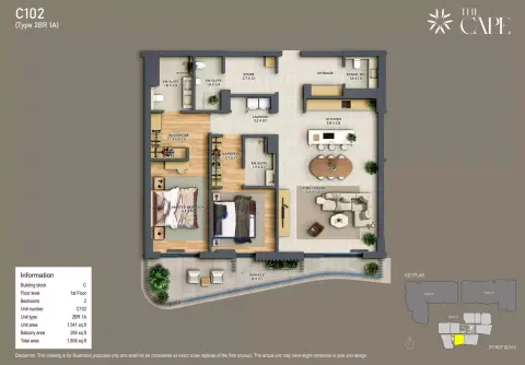 Plattegrond van 2 slaapkamers in The Cape