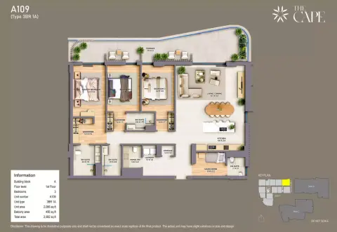 Plattegrond van 3 slaapkamers in The Cape