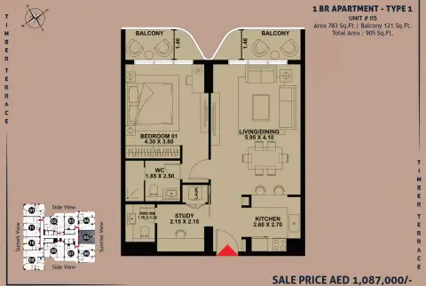 Plattegrond van 1 slaapkamer in Timber Terrace