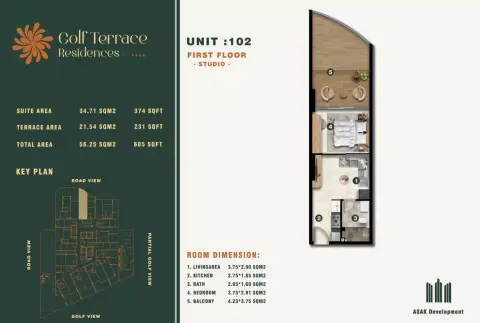 Plattegrond van Studio in Golf Terrace Residences