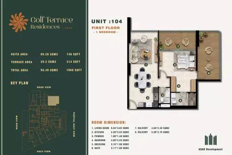 Plattegrond van 1 slaapkamer in Golf Terrace Residences