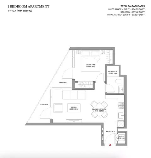 Plattegrond van 1 slaapkamer in Skyvue Stellar