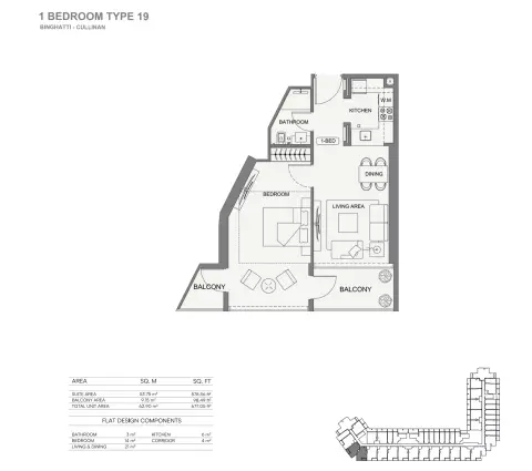 Plattegrond van 1 slaapkamer in Binghatti Cullinan