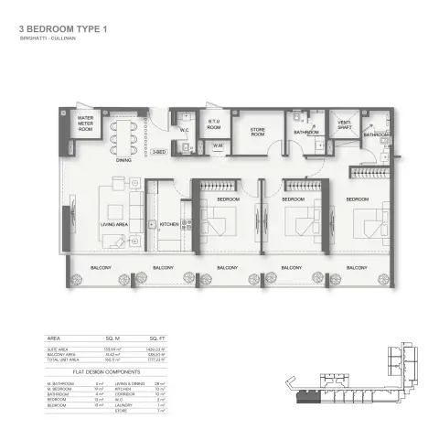 Plattegrond van 3 slaapkamers in Binghatti Cullinan