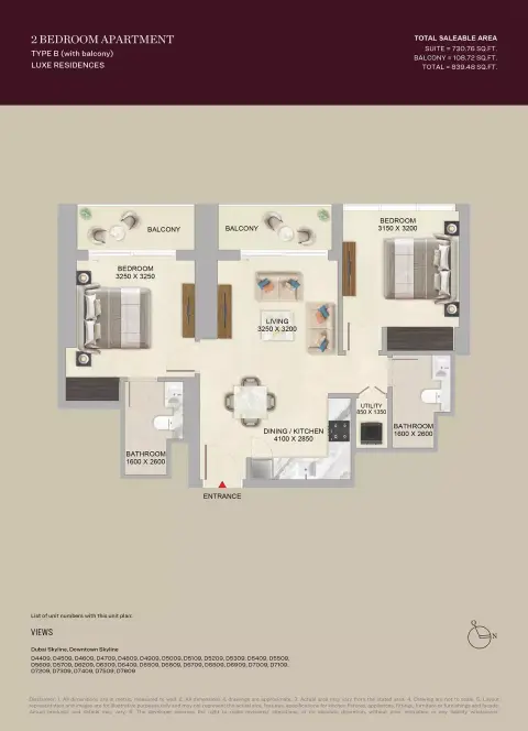 Plattegrond van 2 slaapkamers in Skyvue Altier