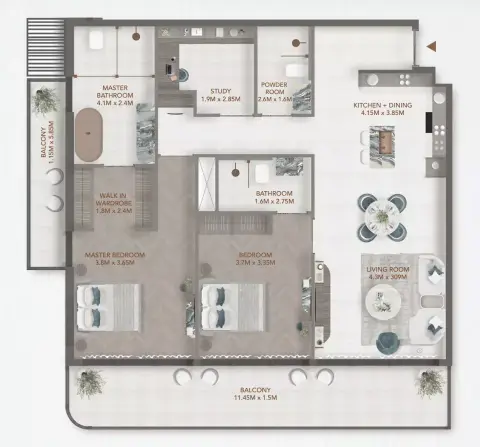 Plattegrond van 3 slaapkamers in 241 Waterside